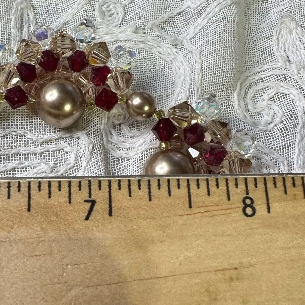 Handcrafted Gold & Garnett Color Beaded Crystal Necklace 16”